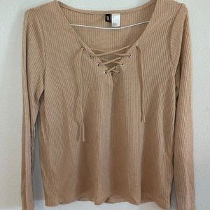 H&M Tie Front Beige Long Sleeve Blouse- size Large